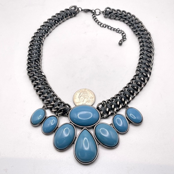 Double Chain Gun Metal Blue Teardrop Cabochon Bib Necklace Fashionable Statement - Picture 9 of 14